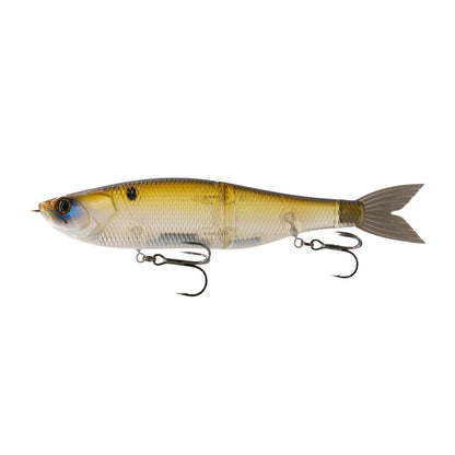 The 6th Sense Draw Glide Baits by 6th Sense is a fish-shaped, slow-sinking, jointed swimbait featuring yellow and silver colors and two treble hooks for realistic fishing action.