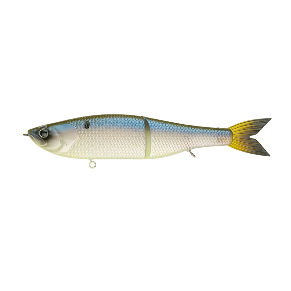 The 6th Sense Draw Glide Baits by 6th Sense is a lifelike, jointed slow-sinking swimbait shaped like a silver fish with a blue back, white belly, yellow tail tip, detailed scales, and hooks underneath.