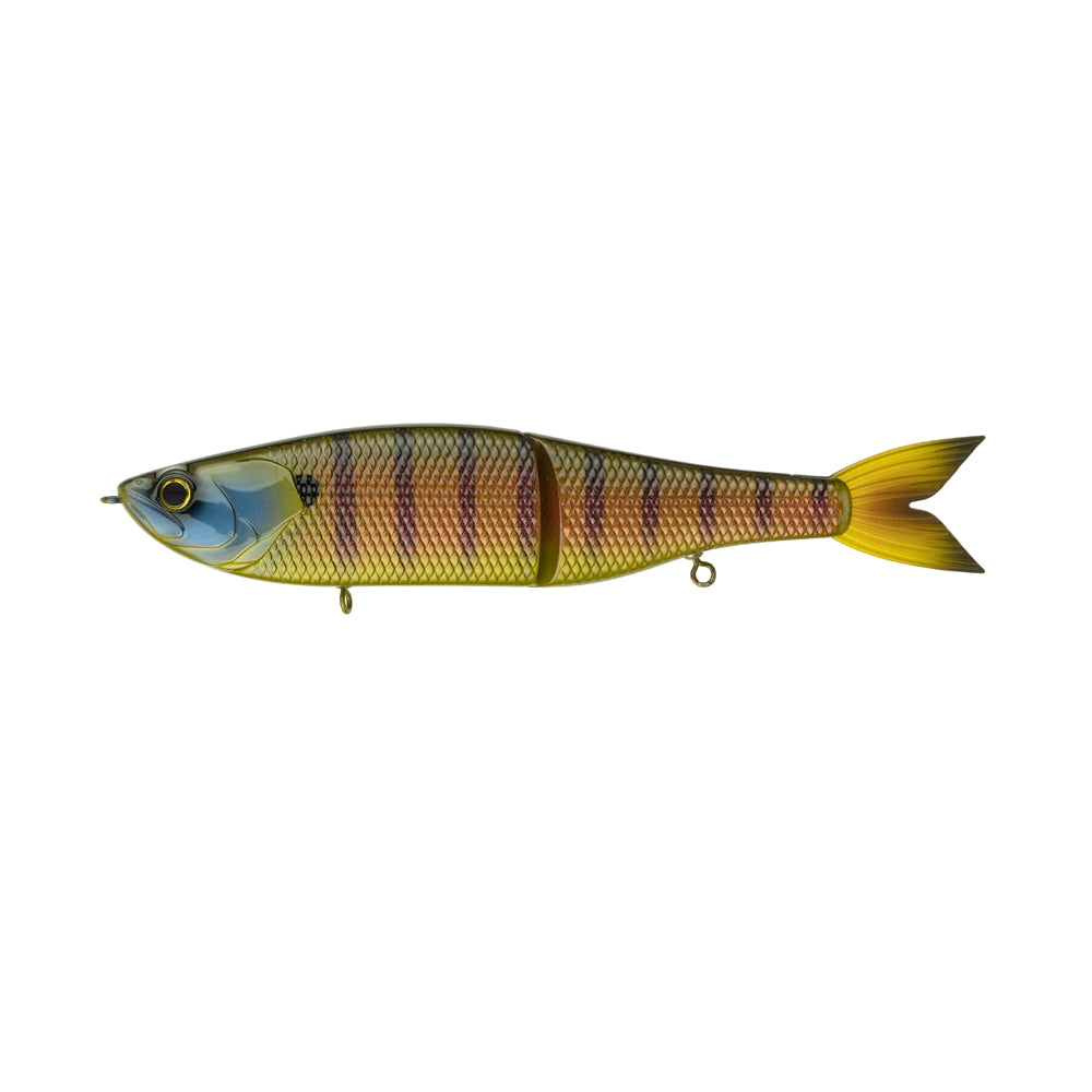 The 6th Sense Draw Glide Baits by 6th Sense is a jointed, slow-sinking swimbait shaped like a fish, featuring a blue and yellow head, scaly yellow body with brownish stripes, and yellow tail fin, shown on a white background.