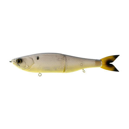 The 6th Sense Draw Glide Baits by 6th Sense is a slow sinking, realistic swimbait featuring a silver body, black and yellow tail, lifelike eye, and metal rings for hook and line attachment.