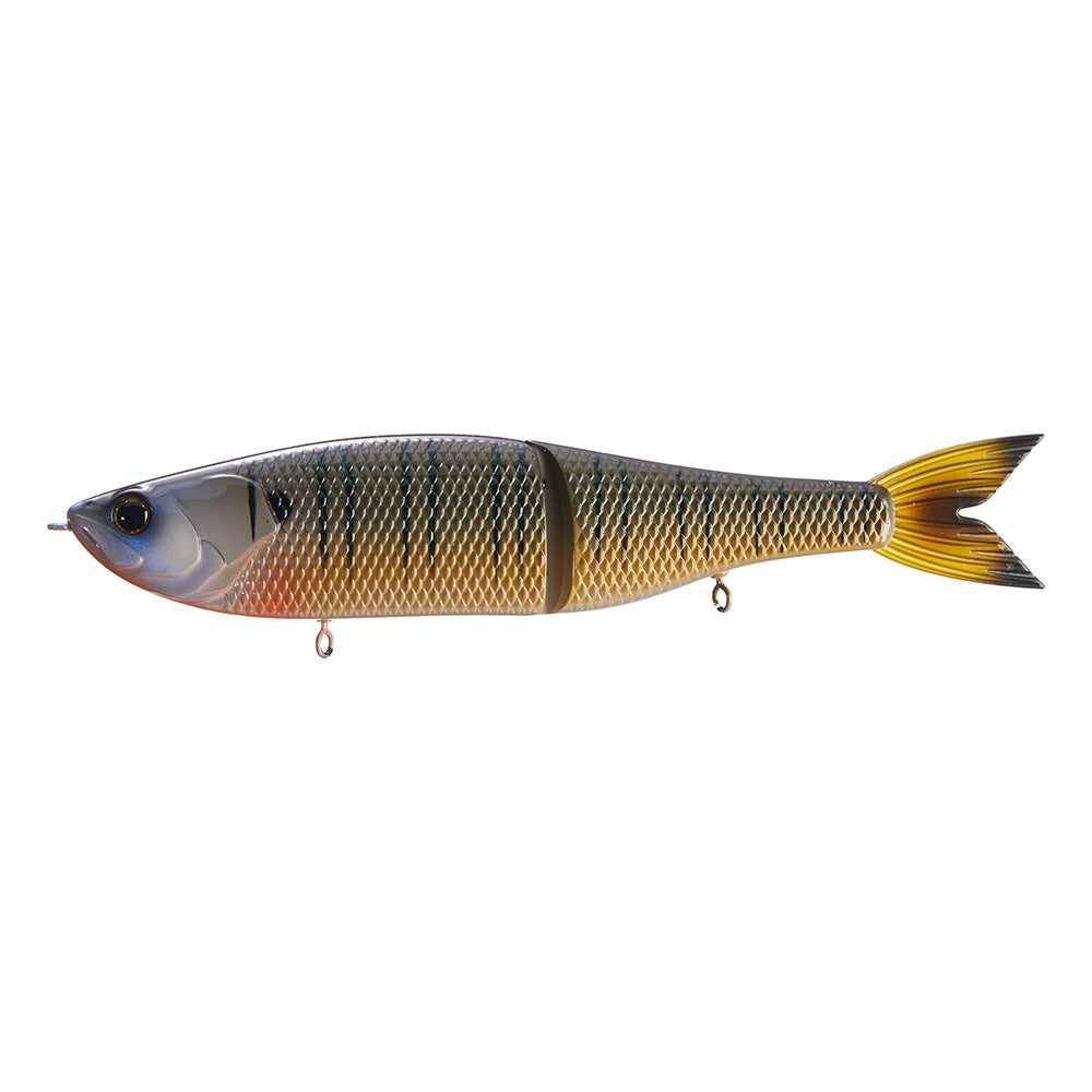 The 6th Sense Draw Glide Baits by 6th Sense is a realistic fishing lure with a jointed body, gray and yellow metallic scales, and a forked yellow tail. This slow sinking swimbait is shown against a white background.
