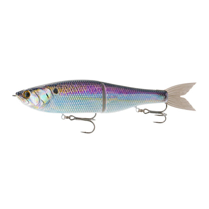 The 6th Sense Draw Glide Bait by 6th Sense mimics a small fish with shiny blue, purple, and silver scales, features two treble hooks below, and is finished with a translucent tail fin for lifelike appeal.