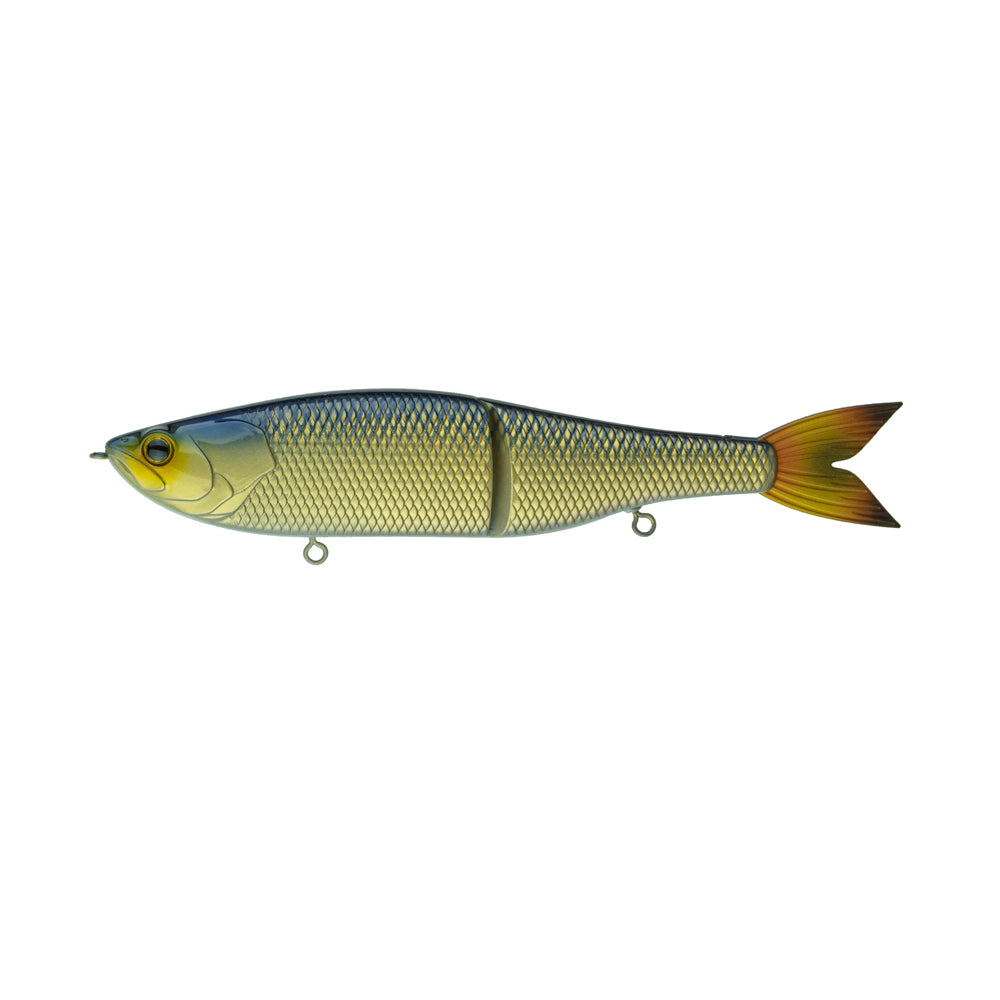 The 6th Sense Draw Glide Baits by 6th Sense features a yellow-green body, detailed scales, and an orange-tipped tail fin, all displayed on a plain white background.