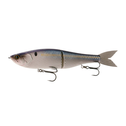 The 6th Sense Draw Glide Baits by 6th Sense feature a jointed, silver and blue fish-shaped body, two treble hooks, and a slow-sinking swimbait design for realistic movement and enticing strikes.