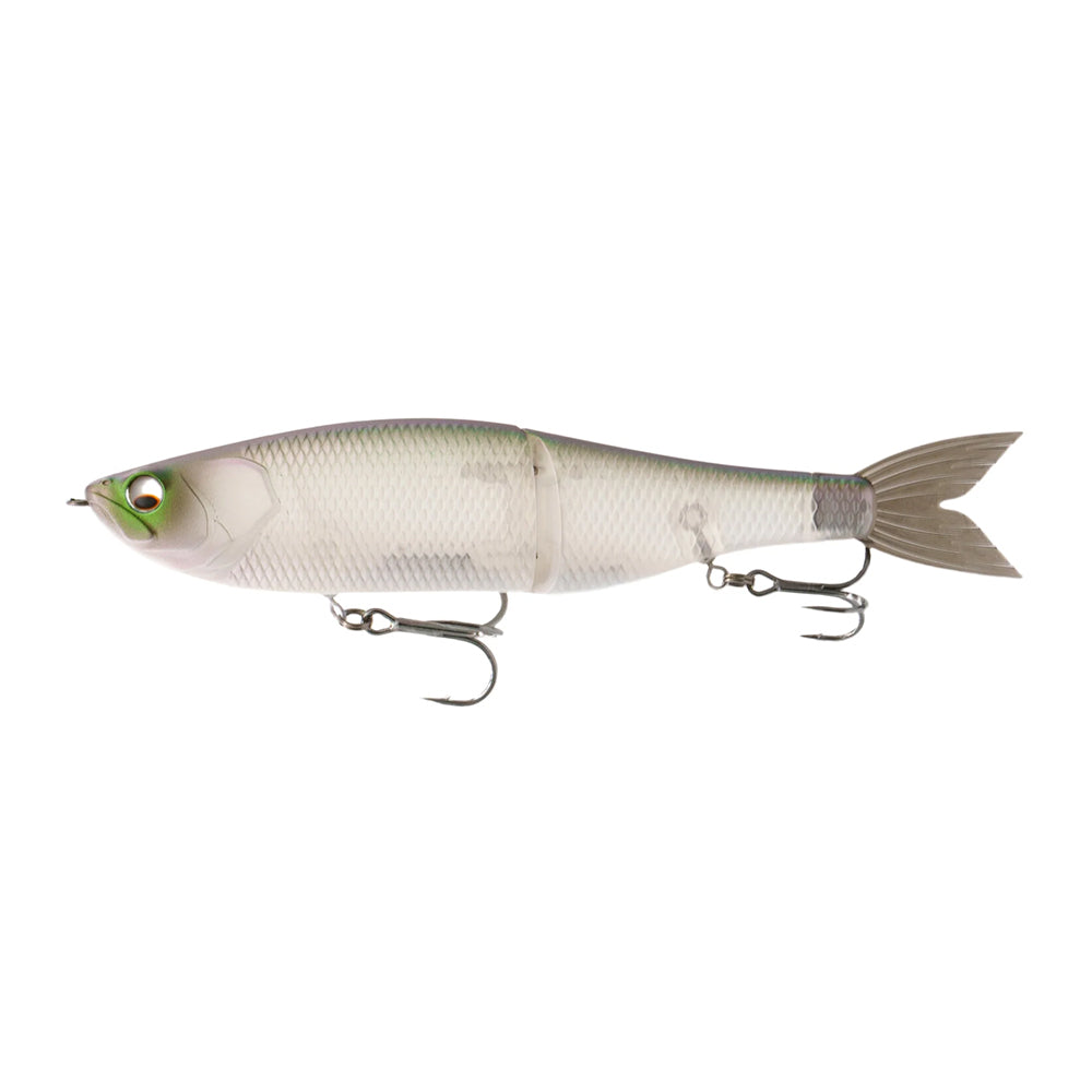 The 6th Sense Draw Glide Baits by 6th Sense is a realistic, slow-sinking swimbait shaped like a small fish, featuring silver-gray colors, green eyes, and two treble hooks underneath.