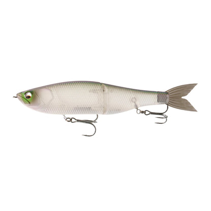 The 6th Sense Draw Glide Baits by 6th Sense is a realistic, slow-sinking swimbait shaped like a small fish, featuring silver-gray colors, green eyes, and two treble hooks underneath.