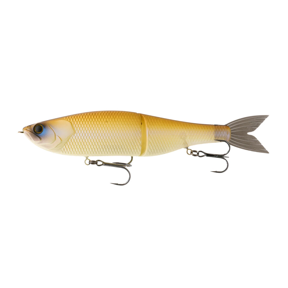 The 6th Sense Draw Glide Baits by 6th Sense is a yellow and white, slow-sinking swimbait with two treble hooks and a jointed tail, crafted to mimic both the appearance and movement of real fish.