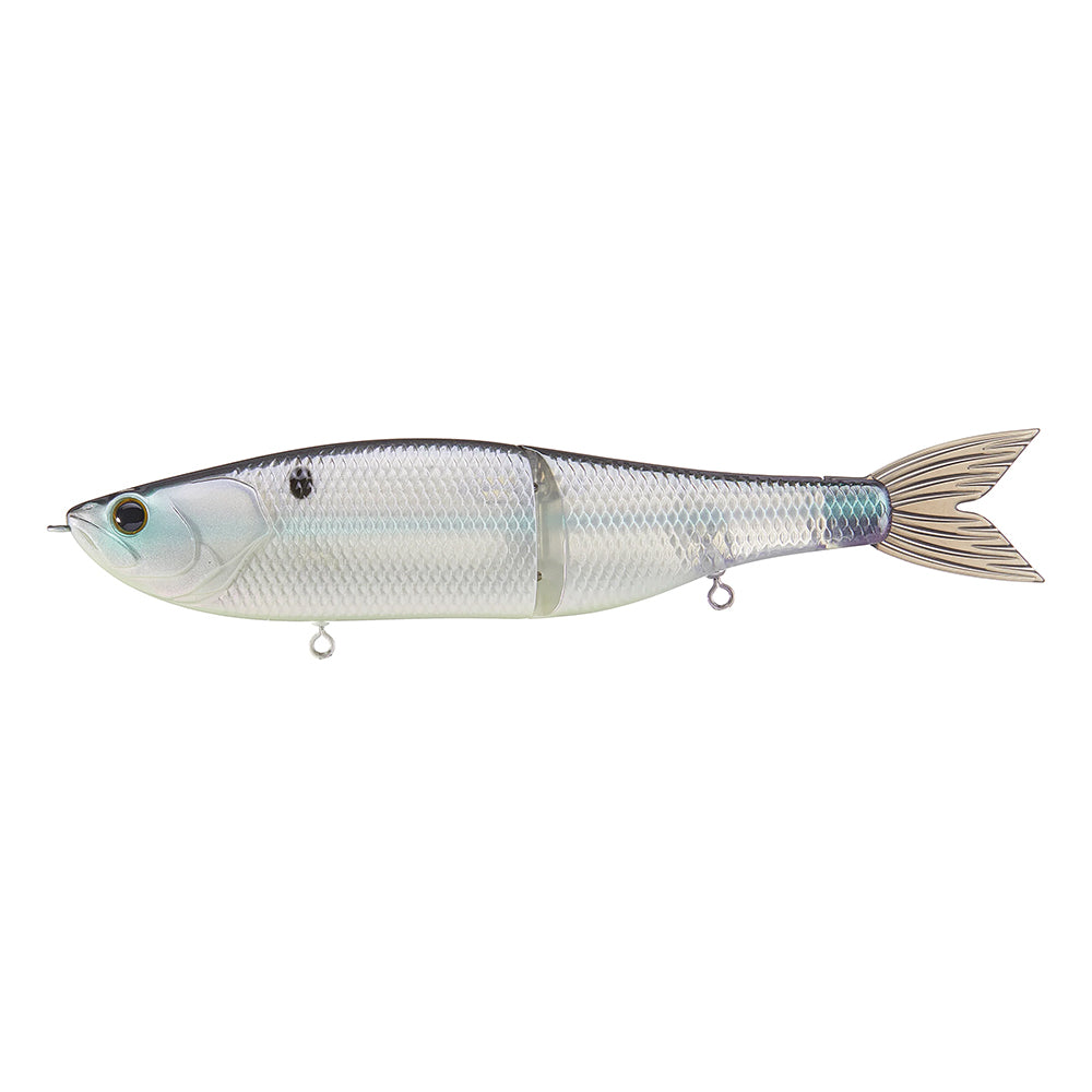 The 6th Sense Draw Glide Baits is a silver slow-sinking swimbait by 6th Sense, featuring a lifelike fish shape with scales, black eye, jointed body, and two attachment rings under its head and underside.