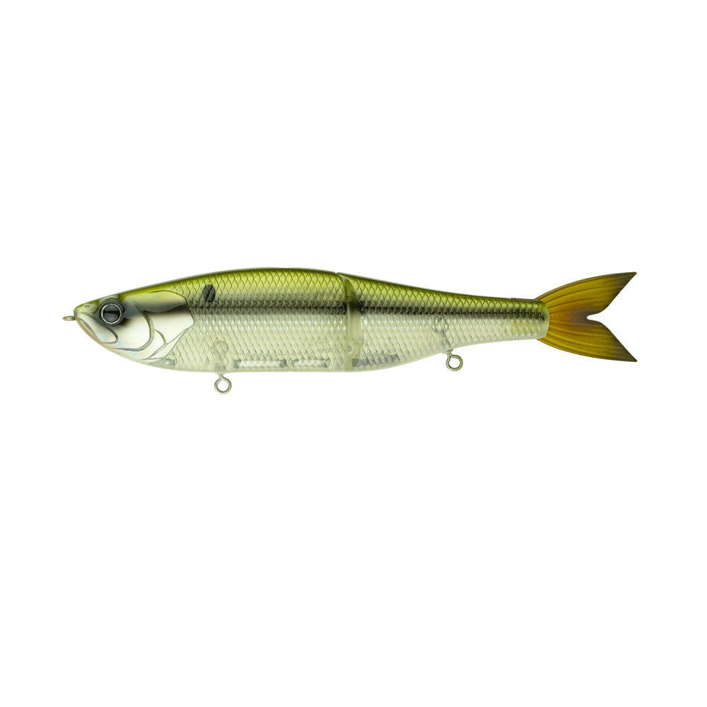 The 6th Sense Draw Glide Baits is a jointed, slow-sinking swimbait by 6th Sense, shaped like a fish with a green and silver body, detailed scales, and a yellow-tipped tail, shown against a white background.