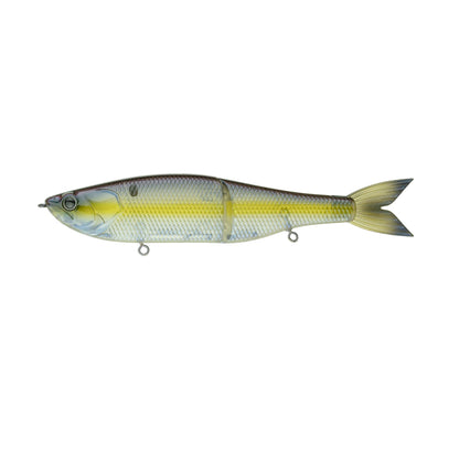 The 6th Sense Draw Glide Bait is a slow sinking, fish-shaped lure with a silver body, yellow stripe, lifelike scales, and a green-tinted tail—displayed on a white background. Brand: 6th Sense.