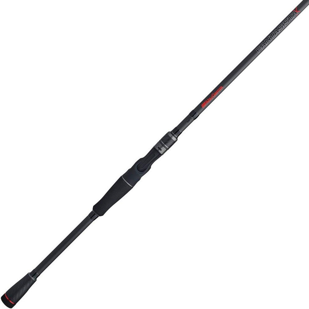 The Abu Garcia Fantasista X Casting Rod 6'10" Medium Light, model FNXC610-4, is shown. It features a textured grip handle, Fuji® reel seat, and a sleek black and gray design with subtle red accents against a white background.