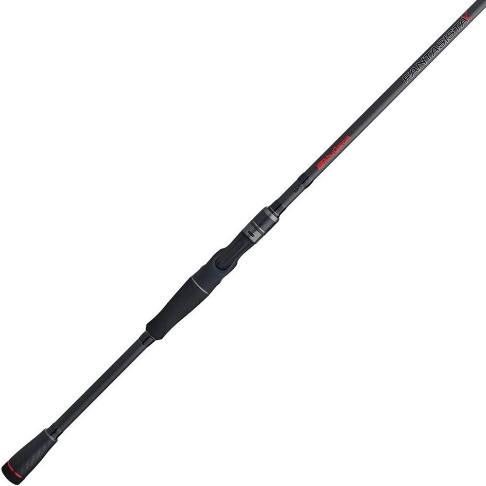 The Abu Garcia Fantasista X Casting Rod 7'6" Medium Heavy | FNXC76-6 features a sleek black and dark gray design with a red accent near the handle, durable carbon blanks, a comfortable black grip, and a tapered end, offering precision and style for an elevated angling experience.
