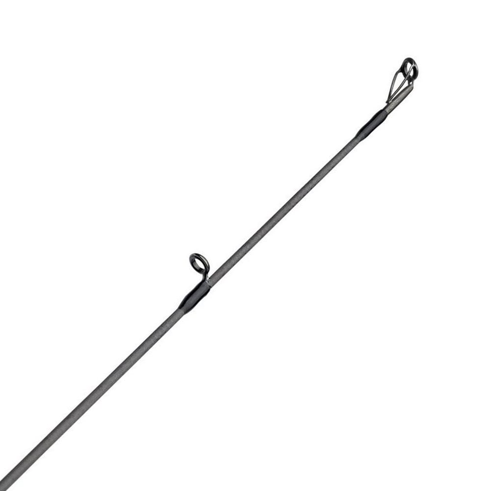 A diagonal segment of the Abu Garcia Fantasista X Casting Rod 7'11" Extra Heavy (FNXC711-8) is showcased against a white background. It's sleek, thin, and black with two visible line guides tapering towards the top end, highlighting its precision design.