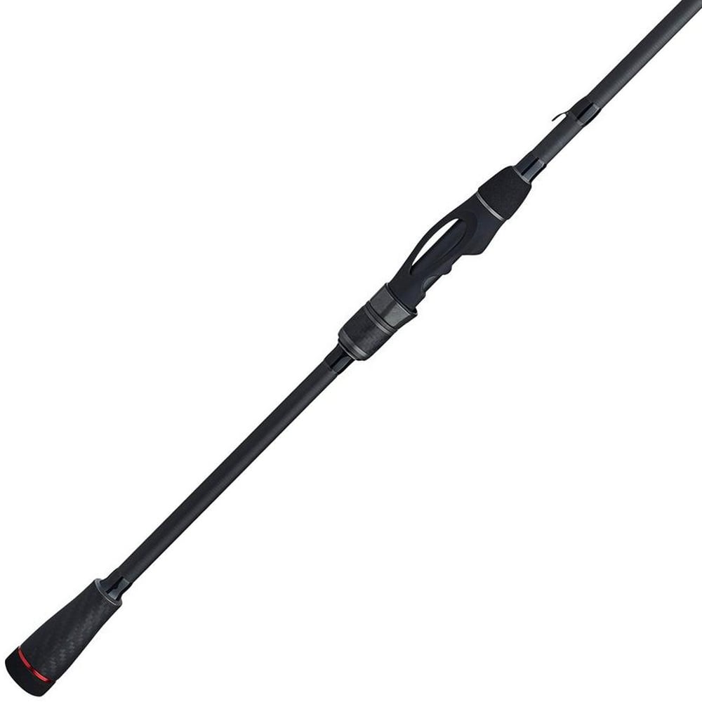 The Abu Garcia Fantasista X Spinning Rod, 6'10" Medium Light (FNXS610-4), features a sleek black design with a comfortable grip and striking red accent near the handle's base, showcasing its elegance against a clean white background.