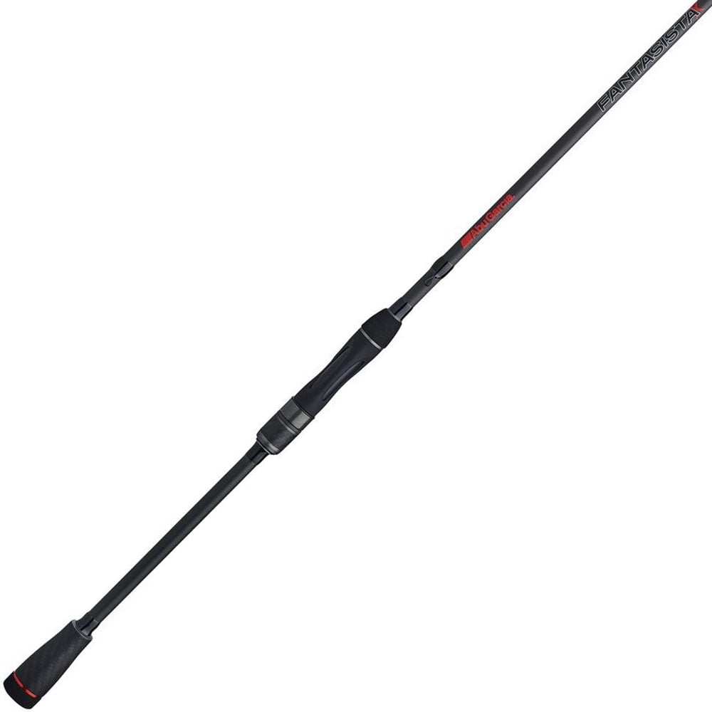 The Abu Garcia Fantasista X Spinning Rod 6'10" Medium Light (FNXS610-4) features a sleek black design with a slim handle and subtle red accents. "Fantasista X" is elegantly labeled near the grip, while its minimalist style with Powerlux 500 technology enhances modern allure.