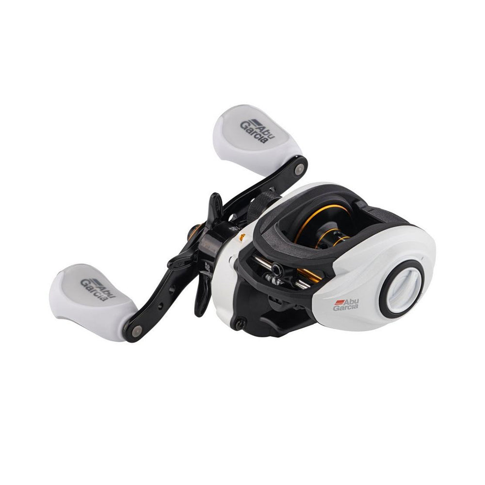 The Abu Garcia Max Pro Casting Reel 7.1:1 Right Hand (MAX4PRO) features dual handles, visible Abu Garcia branding, and a white and black design, engineered for smooth casting and retrieval.