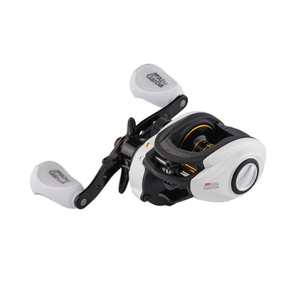 The Abu Garcia Max Pro Casting Reel 7.1:1 Right Hand (MAX4PRO) features dual handles, visible Abu Garcia branding, and a white and black design, engineered for smooth casting and retrieval.