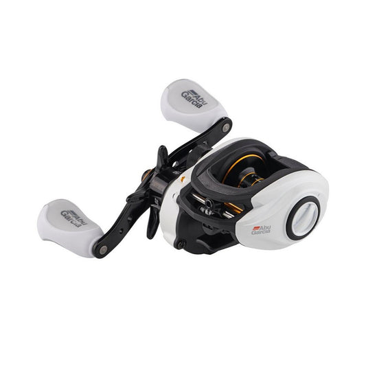 The Abu Garcia Max Pro Casting Reel 7.1:1 Right Hand (MAX4PRO) features dual handles, visible Abu Garcia branding, and a white and black design, engineered for smooth casting and retrieval.