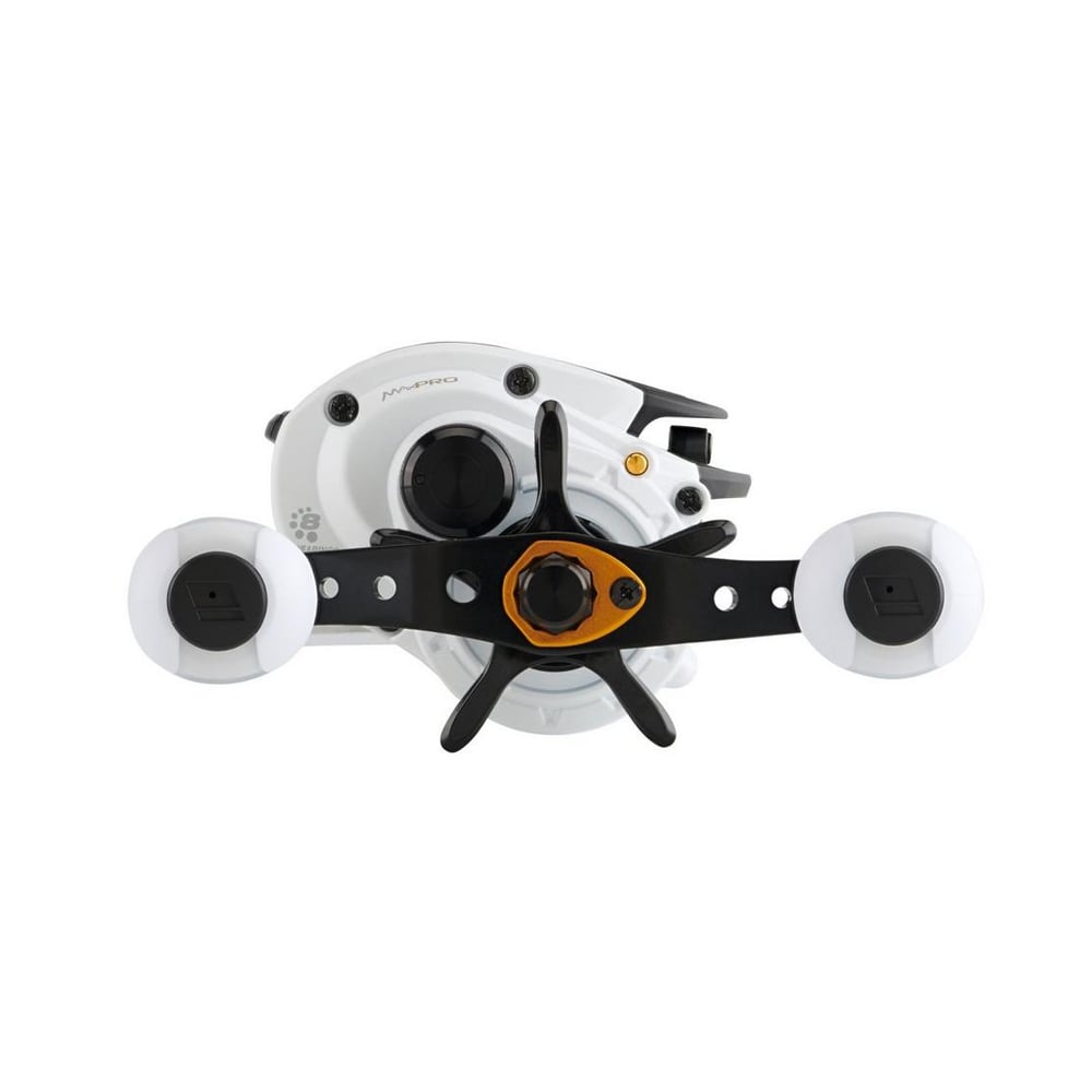 The Abu Garcia Max Pro Casting Reel 7.1:1 Right Hand (MAX4PRO) by Abu Garcia, shown on a plain white background, features a sleek black design with an orange knob and streamlined details reminiscent of a classic Mandalorian helmet.