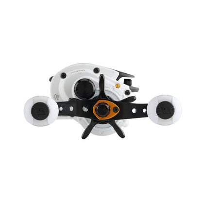 The Abu Garcia Max Pro Casting Reel 7.1:1 Right Hand (MAX4PRO) by Abu Garcia, shown on a plain white background, features a sleek black design with an orange knob and streamlined details reminiscent of a classic Mandalorian helmet.
