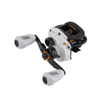 The Abu Garcia Max Pro Casting Reel 7.1:1 Right Hand (MAX4PRO) features a white and black design, two ergonomic handles with orange accents, and displays the Abu Garcia brand name on the handles.