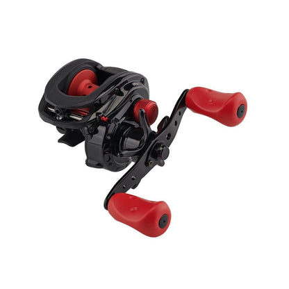 The Abu Garcia Max X Casting Reel 6.4:1 Left Hand (MAX4X-L) features a black body with red accents, two large red handle grips, and Duragear Brass gear, showcased on a plain white background.