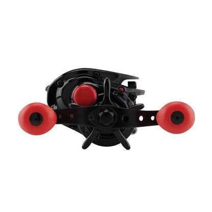 The Abu Garcia Max X Casting Reel 6.4:1 Right Hand (MAX4X) is shown in black with two red handles, a compact modern design, visible adjustment knob, and Power Disk™ drag system, displayed from the front on a white background.