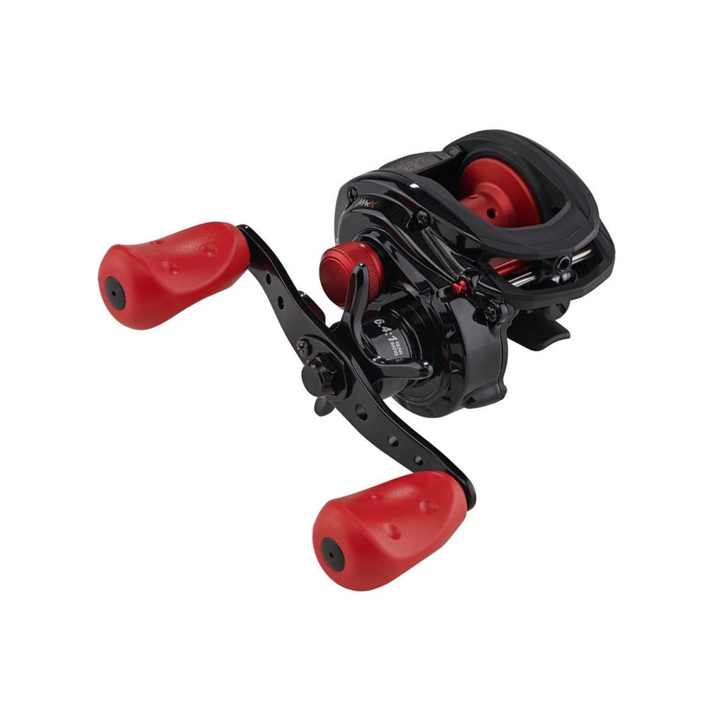The Abu Garcia Max X Casting Reel 6.4:1 Right Hand (MAX4X) features a black, modern design with two large red handles and the Power Disk™ drag system, shown against a white background.