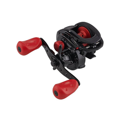 The Abu Garcia Max X Casting Reel 6.4:1 Right Hand (MAX4X) features a black, modern design with two large red handles and the Power Disk™ drag system, shown against a white background.