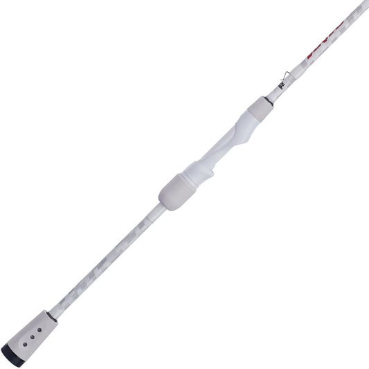 The Abu Garcia Veritas Spinning Rod 7'0" Medium (VTPS70-5) features a sleek white design with black accents, Powerlux 100 technology, a split grip handle, thin elongated body, and hook keeper, all presented diagonally against a plain white background.