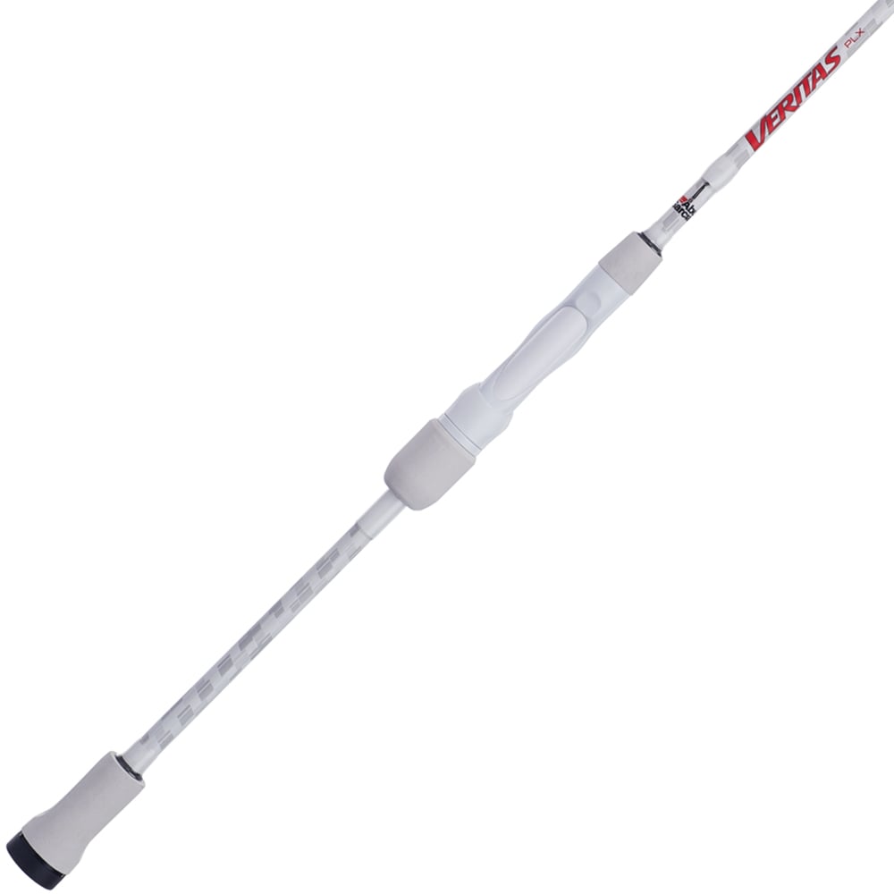 The Abu Garcia Veritas Spinning Rod 7'0" Medium (VTPS70-5) features a sleek white body, black handle, and gray grip. "VERITAS" in red near the top highlights its Powerlux 100 construction. Displayed diagonally against a pristine white background, it exudes elegance and strength.