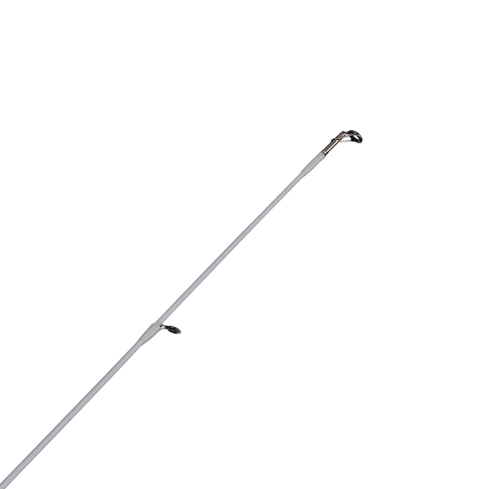 Close-up of the top section of an Abu Garcia Veritas Spinning Rod 7'0" Medium against a plain white background. This VTPS70-5 model features two eyelets and a metal tip at the end.