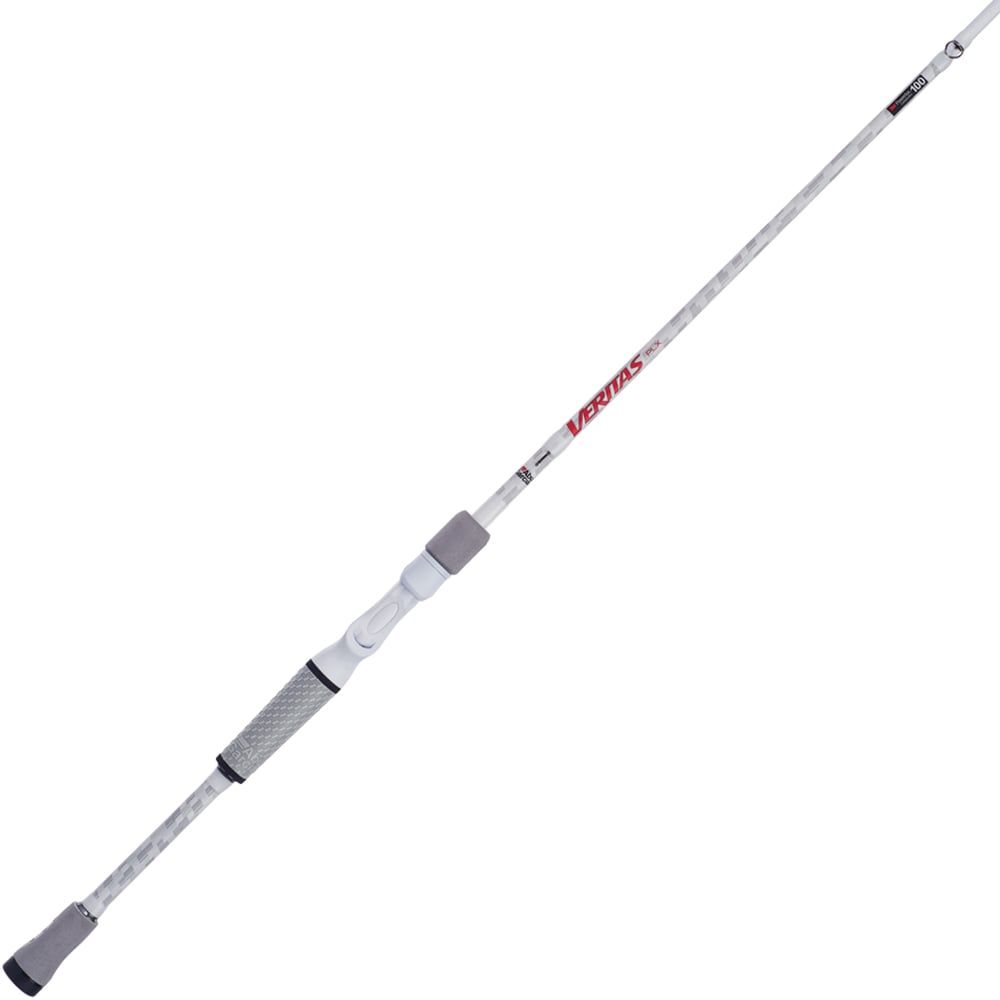 The Abu Garcia Veritas LTD Casting Rod 7'6" Heavy features a lightweight white design, grey textured grip, ergonomic handle, and Powerlux 100 technology. The brand’s logo is prominently near the handle as it smoothly tapers to the tip.