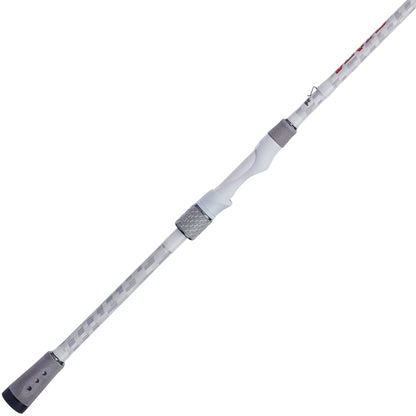The Abu Garcia Veritas LTD Spinning Rod 6'6" Medium, VTPDTS66-5, in white and gray, boasts a sleek curved handle with textured grips. Enhanced with Powerlux technology, it tapers smoothly for precision casting.