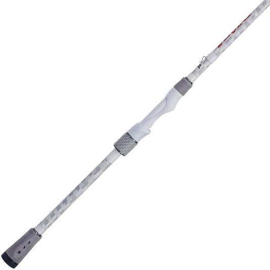 The Abu Garcia Veritas LTD Spinning Rod 6'6" Medium, VTPDTS66-5, in white and gray, boasts a sleek curved handle with textured grips. Enhanced with Powerlux technology, it tapers smoothly for precision casting.