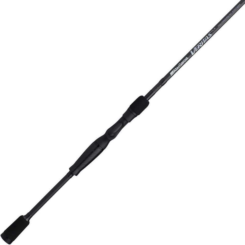 The Abu Garcia Veritas Tournament Casting Rod, VXTC711-8 model, is a sleek black precision rod with Powerlux 200 tech, an extra-heavy 7'11” build, and a grip handle. A line guide accents its segmented design against a plain white background.