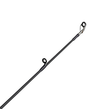 A close-up of the Abu Garcia Veritas Tournament Casting Rod 7'3" Medium Heavy | VXTC73-6 highlights the tip with two line-guiding rings. Diagonally set against a white backdrop, this rod uses Powerlux 200 resin technology to boost performance.