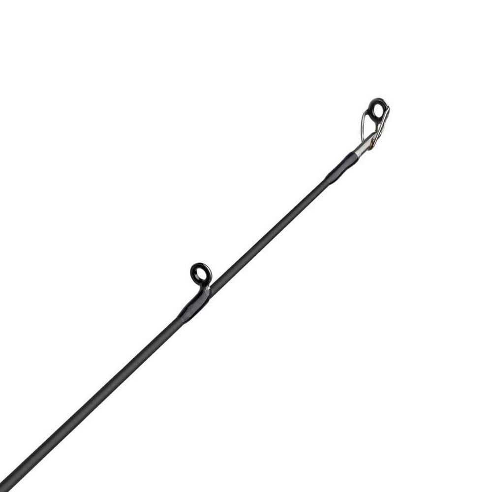 A close-up of the Abu Garcia Veritas Tournament Casting Rod 7'3" Heavy (VXTC73-7) features two metal eyelets on the sleek black rod, diagonally angled against a plain white background to highlight its modern design.