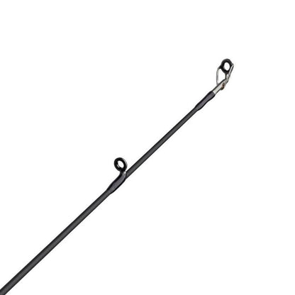 Close-up of a black Abu Garcia Veritas Tournament Casting Rod 7'6" Heavy (VXTC76-7) tip on a white background, highlighting two line eyelets. This casting rod features Powerlux 200 blanks for exceptional performance.