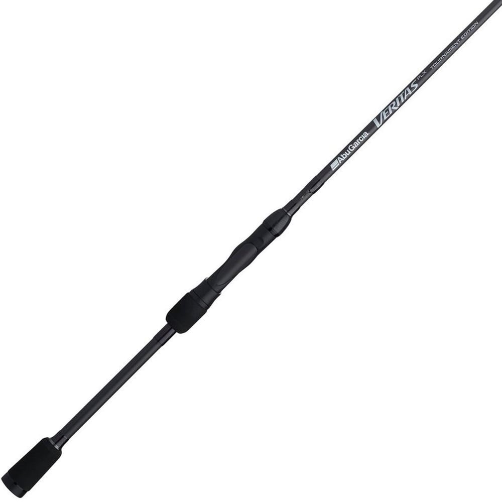Introducing the Abu Garcia Veritas Tournament Spinning Rod 7'0" Medium Heavy (VXTS70-6), featuring a sleek black shaft with "Veritas" and "Abu Garcia" branding. Its minimalist design includes a smooth handle, contrasting sections, and a tapered tip for precision, enhanced with Powerlux 200 technology.