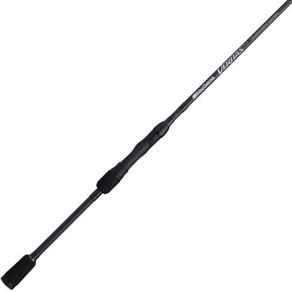 Introducing the Abu Garcia Veritas Tournament Spinning Rod 7'0" Medium Heavy (VXTS70-6), featuring a sleek black shaft with "Veritas" and "Abu Garcia" branding. Its minimalist design includes a smooth handle, contrasting sections, and a tapered tip for precision, enhanced with Powerlux 200 technology.