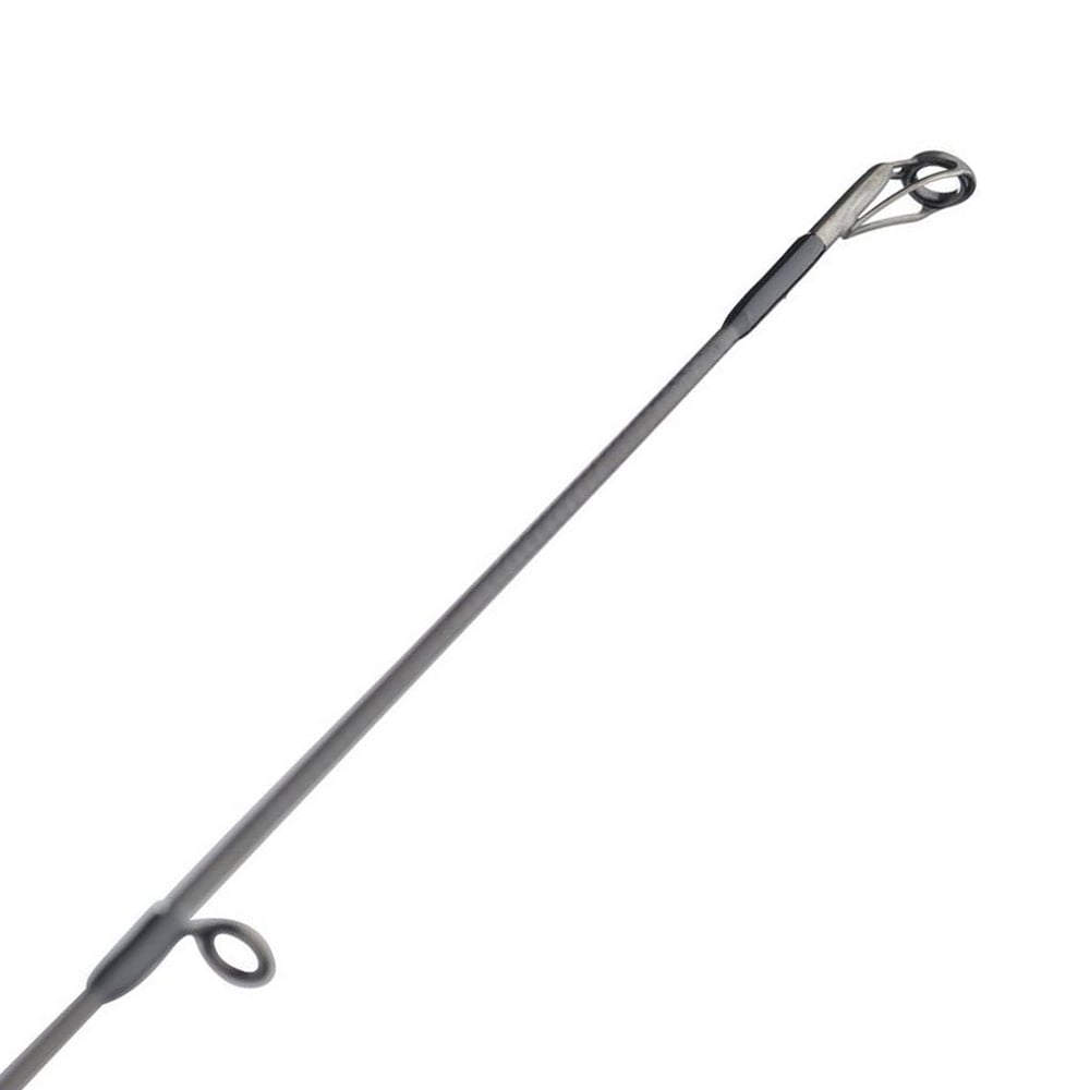 Close-up of an Abu Garcia Veritas Tournament Spinning Rod 6'10" Medium Light (VXTS610-4) tip, showcasing the line guides on its gray, minimalistic design. The fishing rod stands elegantly against a plain white background.