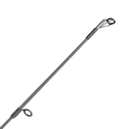 Close-up of an Abu Garcia Veritas Tournament Spinning Rod 7'0" Medium Heavy | VXTS70-6 tip showcasing the guide rings, angled diagonally against a white backdrop to highlight its intricate Powerlux 200 construction details.