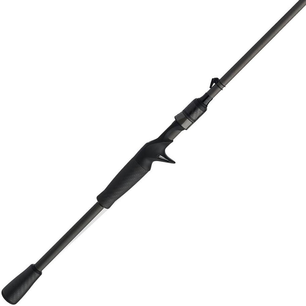 The Abu Garcia Zenon Casting Rod 7'2" Heavy features a black and gray design with an ergonomic handle and baitcasting reel seat. Highlighting its sleek, streamlined form and textured grip, it is crafted with Powerlux 1000 technology to represent the precision of the Zenon series.