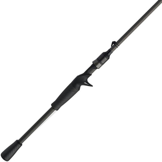 The Abu Garcia Zenon Casting Rod 7'2" Heavy features a black and gray design with an ergonomic handle and baitcasting reel seat. Highlighting its sleek, streamlined form and textured grip, it is crafted with Powerlux 1000 technology to represent the precision of the Zenon series.