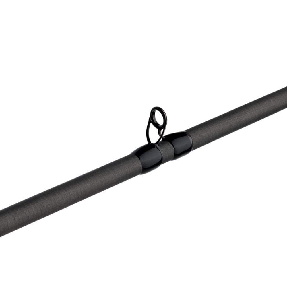 Close-up of the Abu Garcia Zenon Casting Rod 6'9" Medium Light, featuring a sleek gray design with black guide rings securely attached. The smooth matte surface highlights the elegant connection of the titanium guides, reminiscent of the iconic ZENC69-4 design.