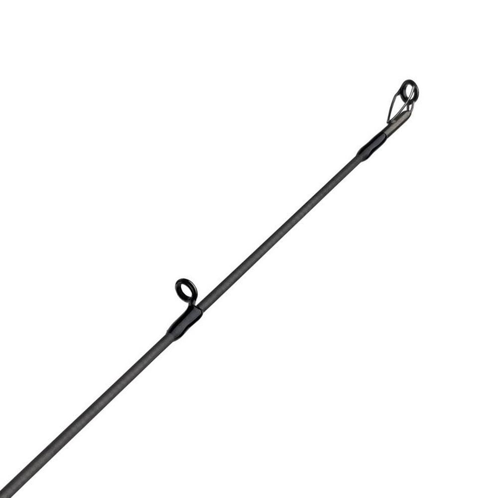 Close-up of the Abu Garcia Zenon Casting Rod 7'2" Heavy (ZENC72-7) showcases its sleek black design with two visible line guides. Enhanced by Powerlux 1000 technology for durability, the rod's tip is oriented to the upper right.