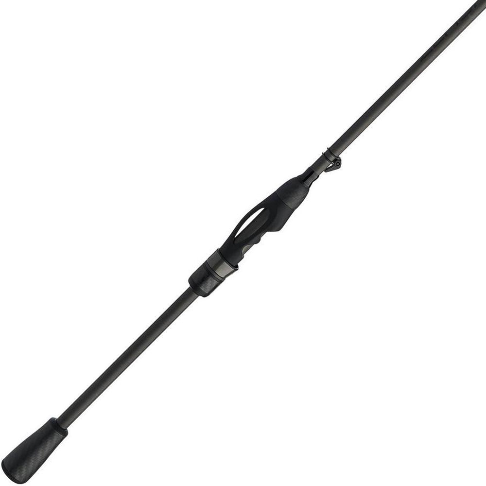 The Abu Garcia Zenon Spinning Rod 6'10" Medium Light | ZENS610-4 offers a sleek black design with a comfortable grip, elongated body, and minimalist Powerlux 1000 build. It integrates seamlessly with the Fuji reel seat and tapers smoothly to the tip, showcasing its streamlined aesthetic.