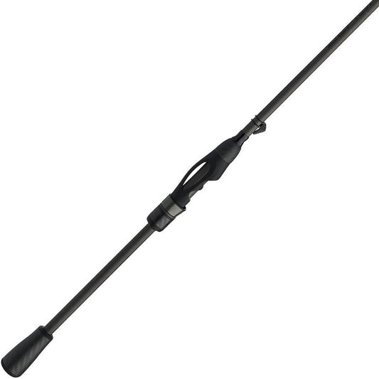 The Abu Garcia Zenon Spinning Rod 6'10" Medium Light | ZENS610-4 offers a sleek black design with a comfortable grip, elongated body, and minimalist Powerlux 1000 build. It integrates seamlessly with the Fuji reel seat and tapers smoothly to the tip, showcasing its streamlined aesthetic.