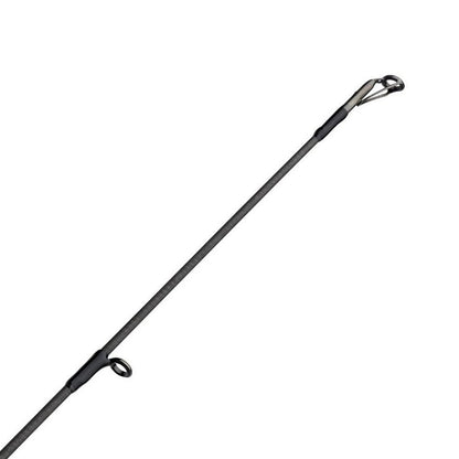 Close-up of the tip of an Abu Garcia Zenon Spinning Rod 7'0" Medium | ZENS70-5 showcasing two visible line guides, Powerlux 1000 technology, and titanium guides. The sleek metal and plastic design is highlighted on a white background.